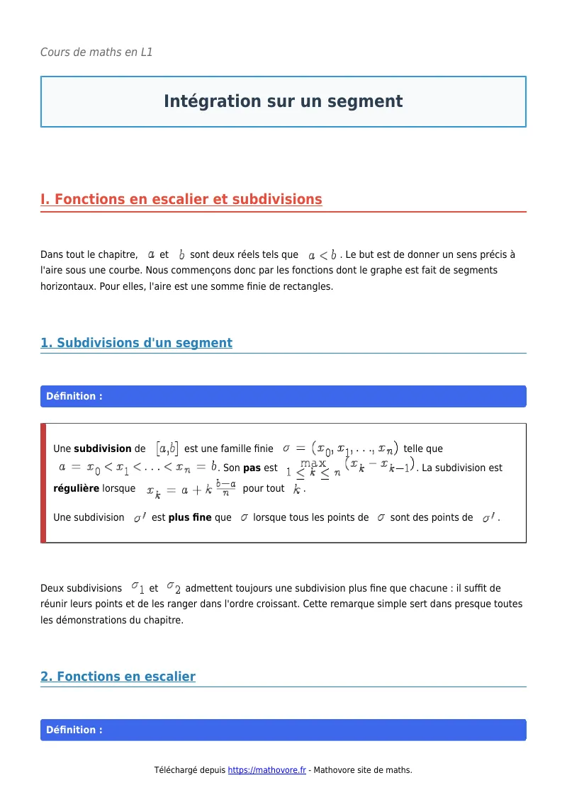 Cours de maths en L1 : Intégration sur un segment à télécharger en PDF