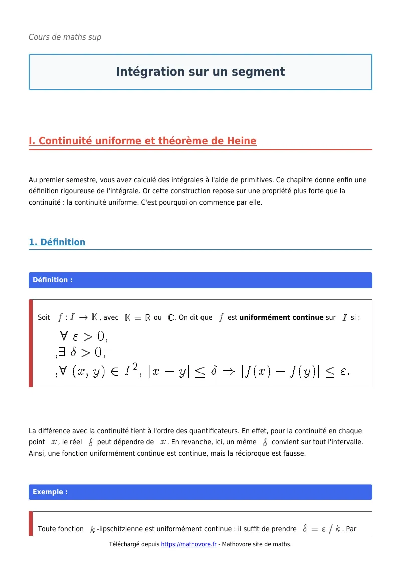 Cours de maths en maths sup : Intégration sur un segment à télécharger en PDF