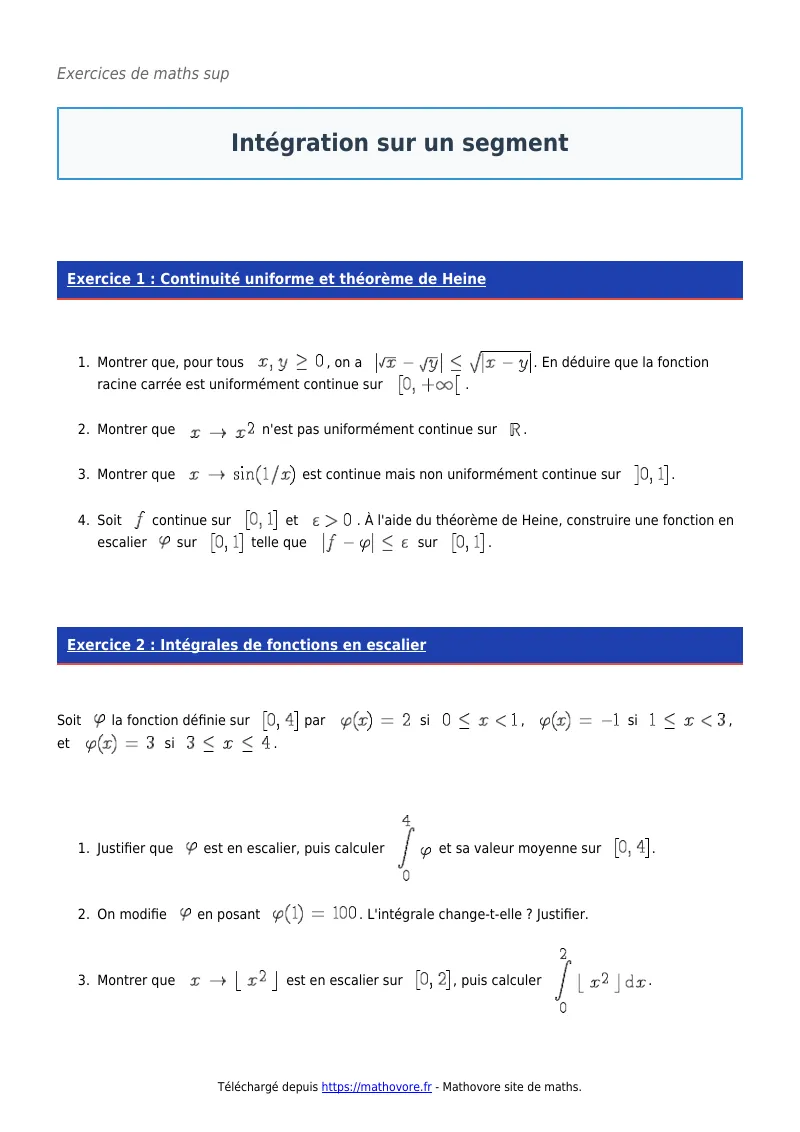 Exercices corrigés de maths en maths sup : Intégration sur un segment à imprimer en PDF
