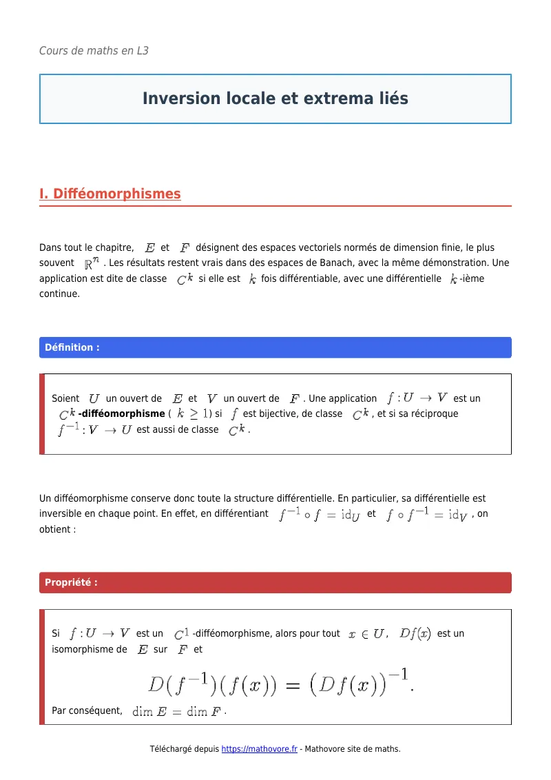 Cours de maths en L3 : Inversion locale et extrema liés à télécharger en PDF