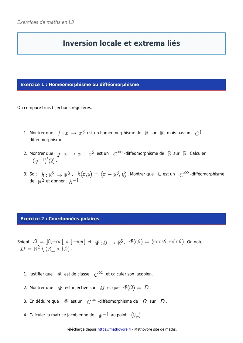 Exercices corrigés de maths en L3 : Inversion locale et extrema liés à imprimer en PDF