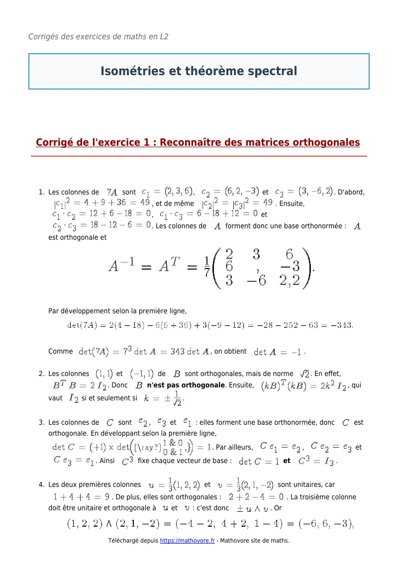Exercices corrigés de maths en L2 : Isométries et théorème spectral à imprimer en PDF