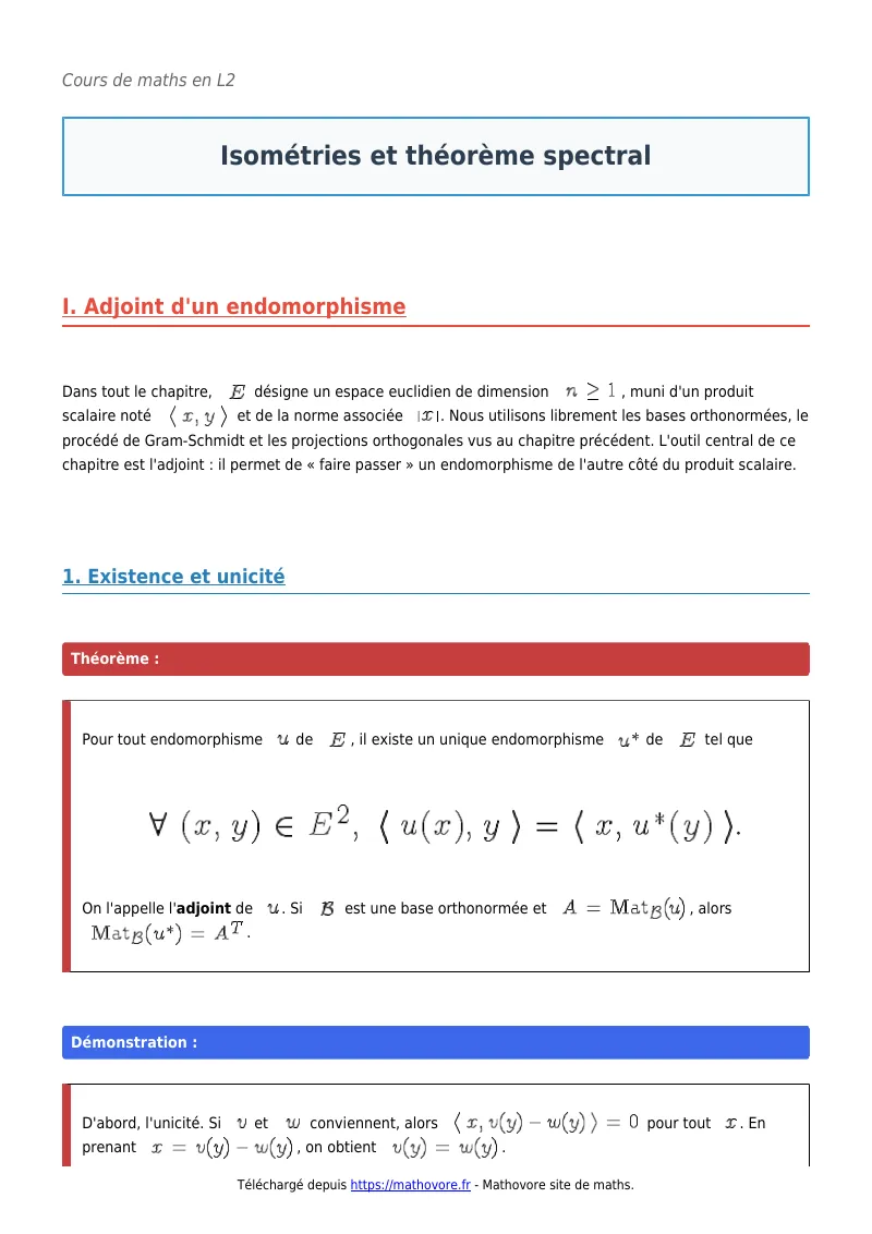 Cours de maths en L2 : Isométries et théorème spectral à télécharger en PDF