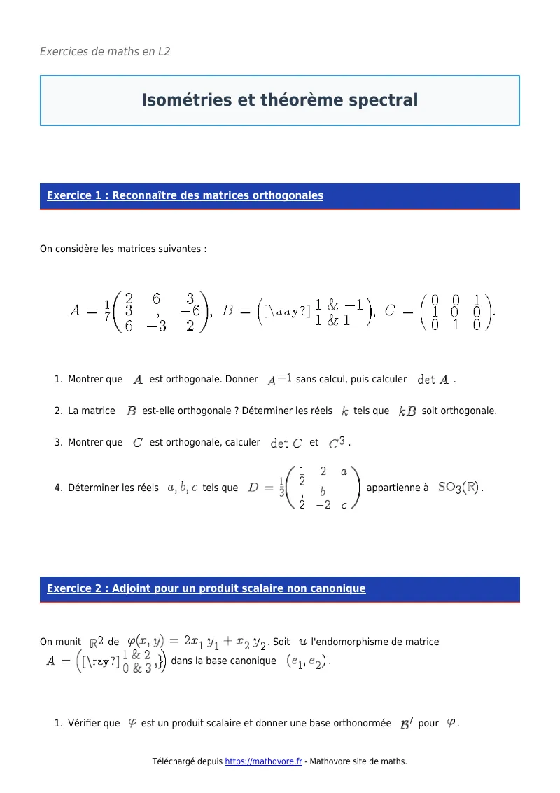 Exercices corrigés de maths en L2 : Isométries et théorème spectral à imprimer en PDF