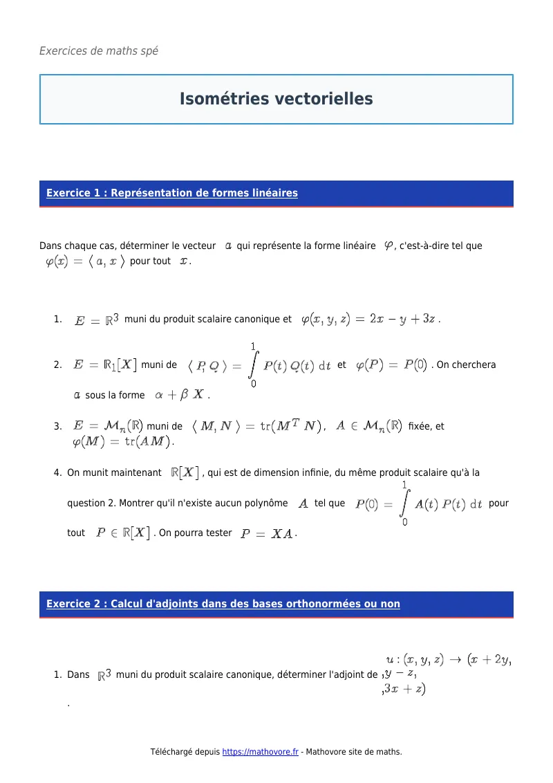 Exercices corrigés de maths en maths spé : Isométries vectorielles à imprimer en PDF
