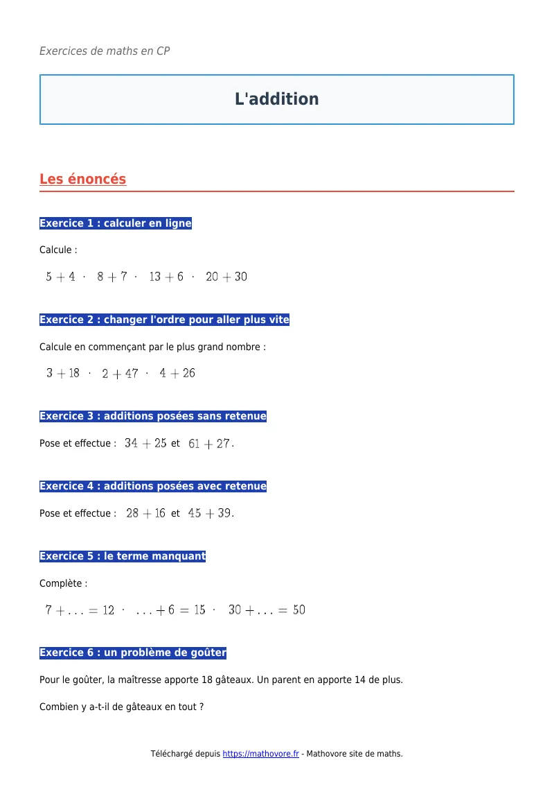 Exercices corrigés de maths en CP : L’addition à imprimer en PDF