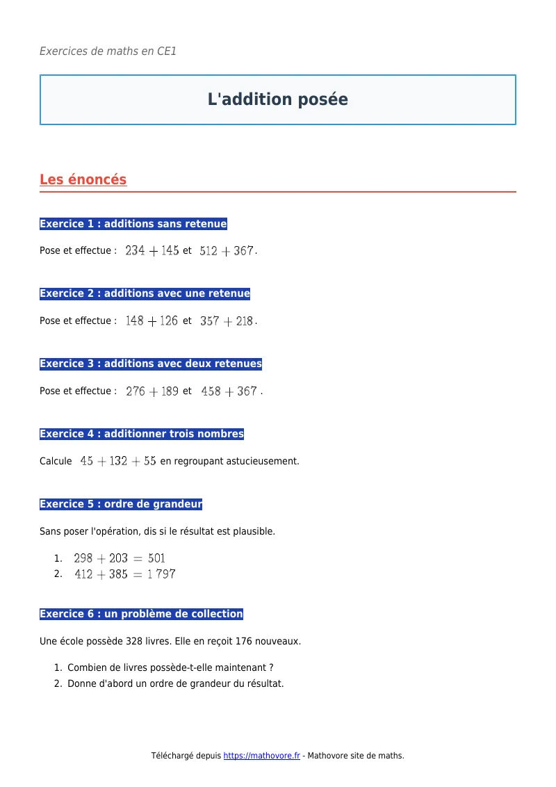 Exercices corrigés de maths en CE1 : L’addition posée à imprimer en PDF