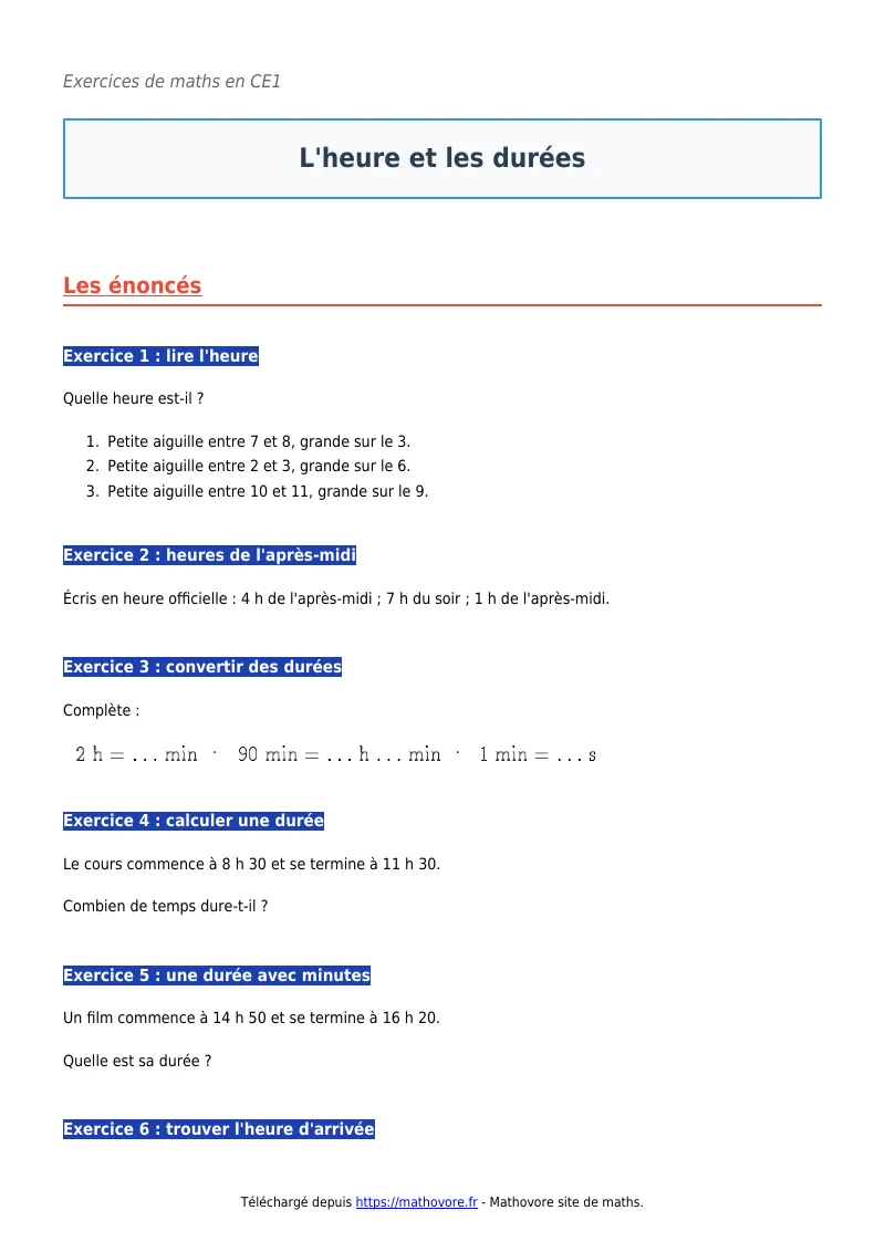 Exercices corrigés de maths en CE1 : L’heure et les durées à imprimer en PDF