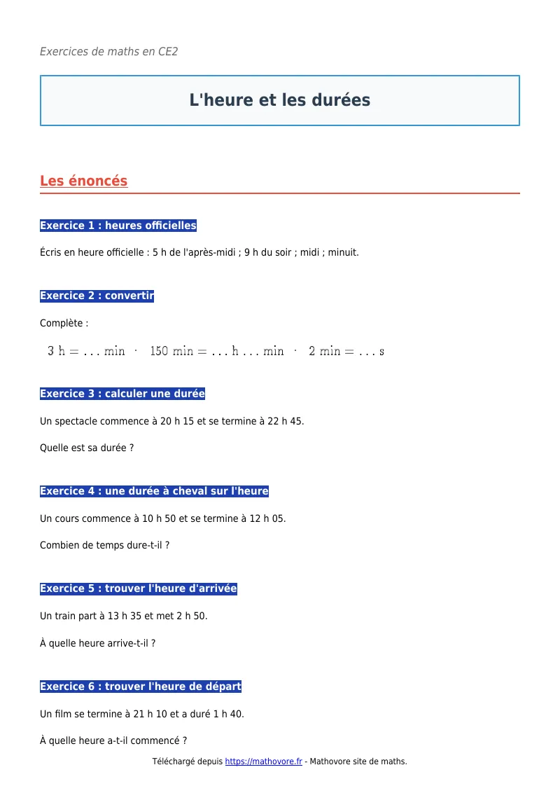 Exercices corrigés de maths en CE2 : L’heure et les durées à imprimer en PDF