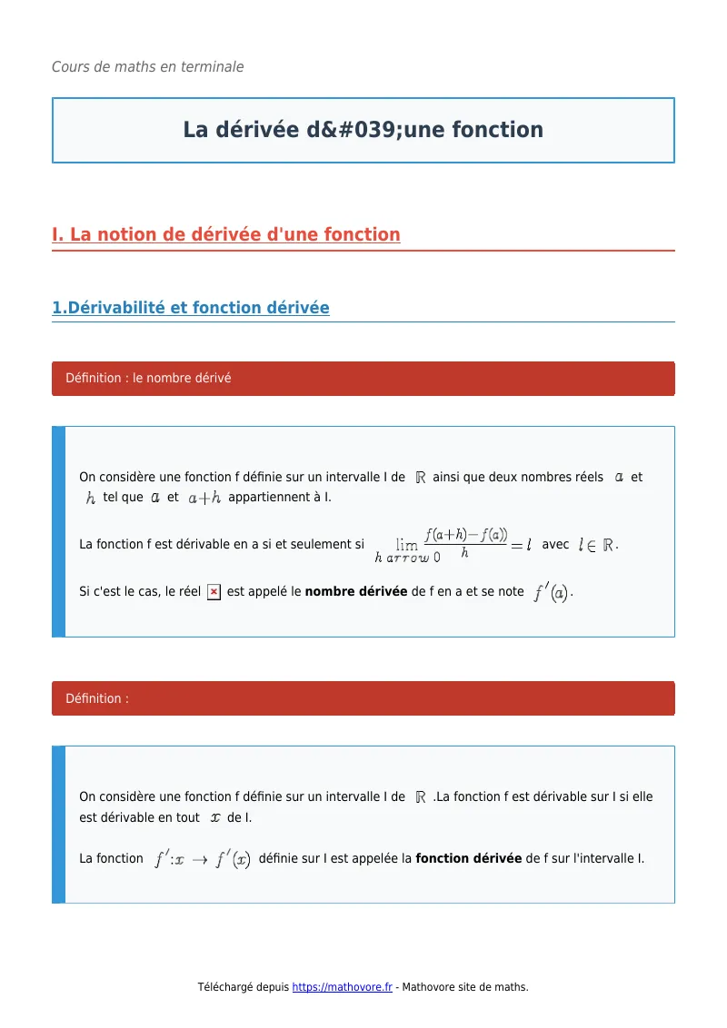 Cours de maths en terminale : La dérivée d’une fonction à télécharger en PDF