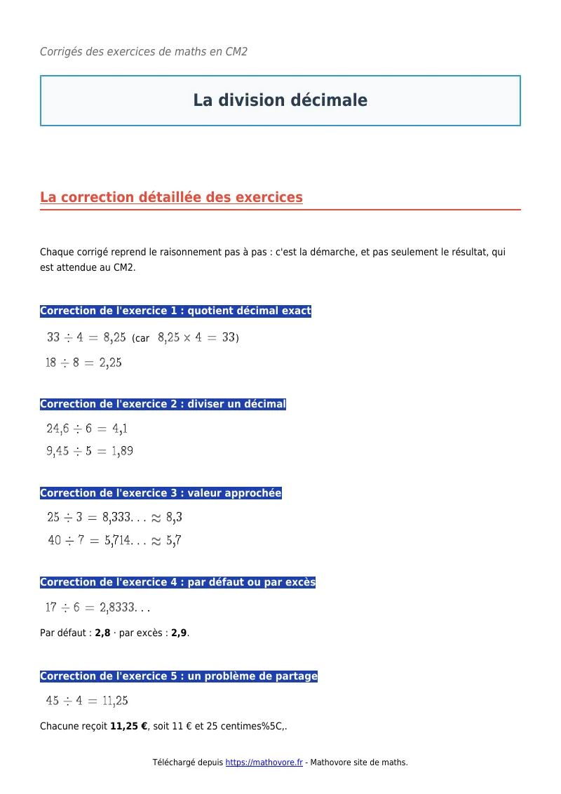 Exercices corrigés de maths en CM2 : La division décimale à imprimer en PDF