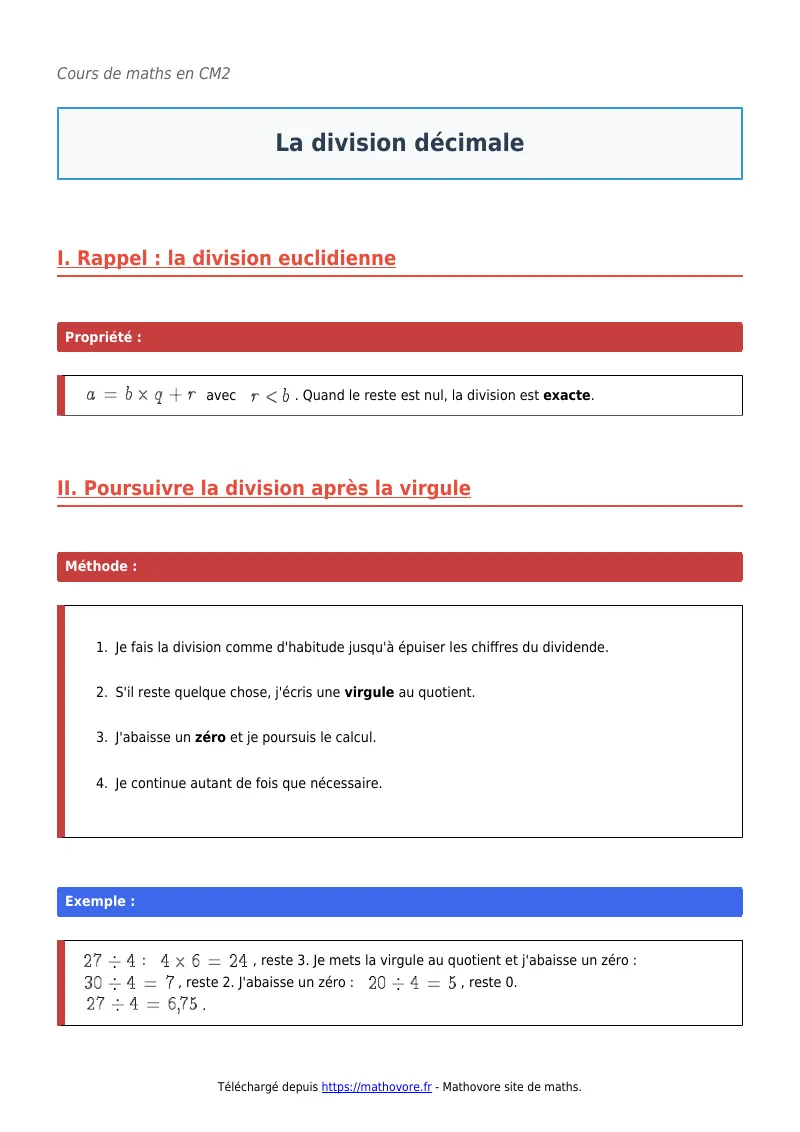 Cours de maths en CM2 : La division décimale à télécharger en PDF