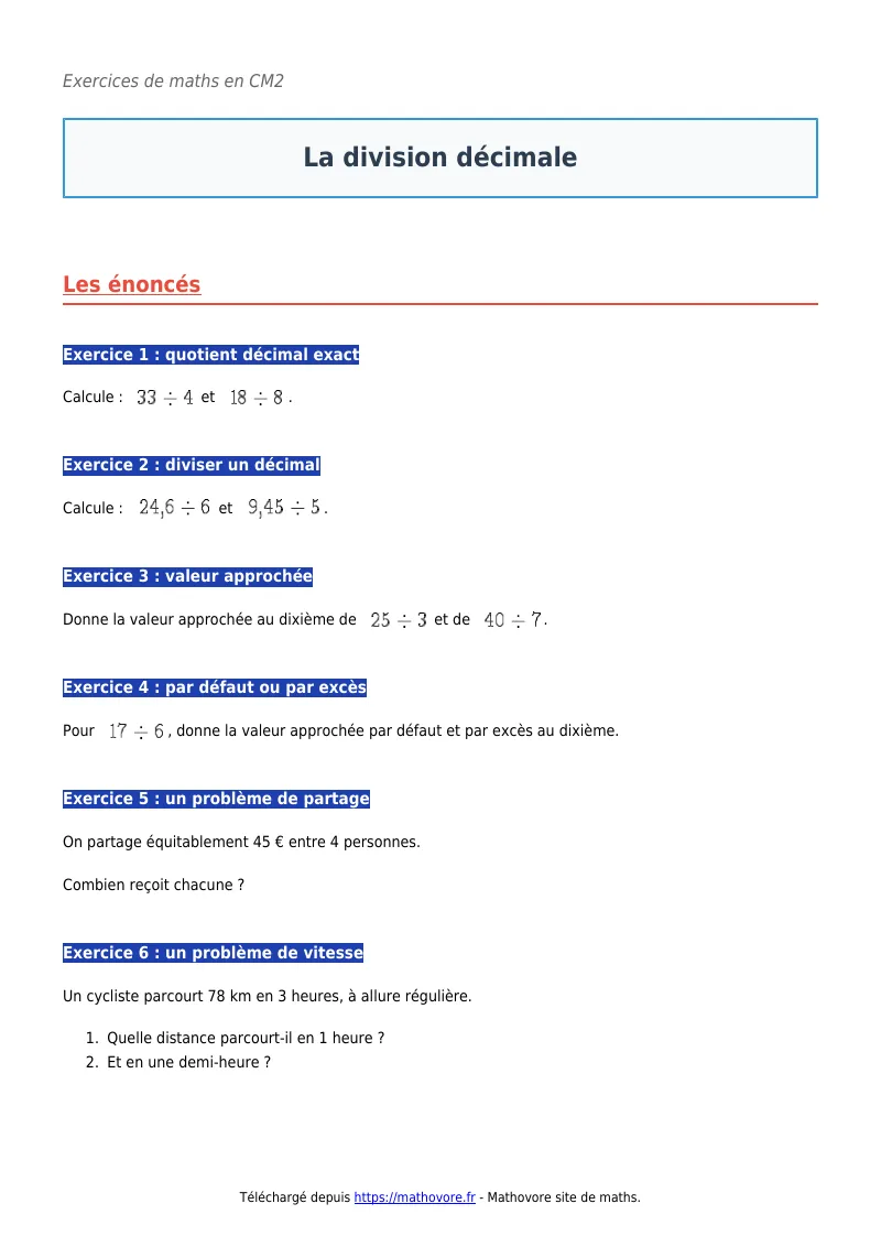 Exercices corrigés de maths en CM2 : La division décimale à imprimer en PDF