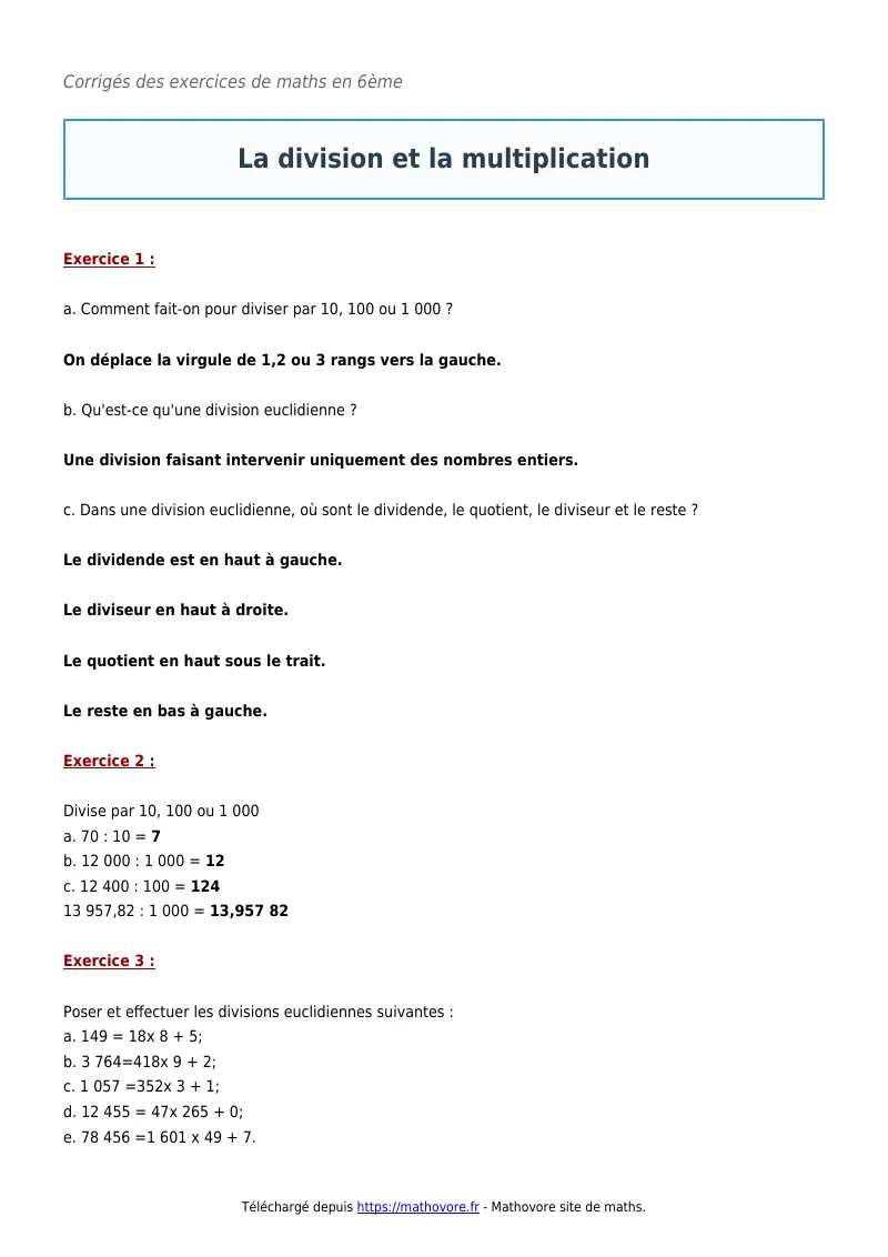 Exercices corrigés de maths en 6ème : La division et la multiplication à imprimer en PDF