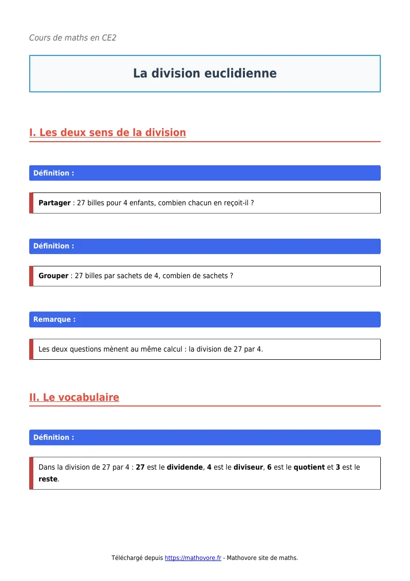 Cours de maths en CE2 : La division euclidienne à télécharger en PDF