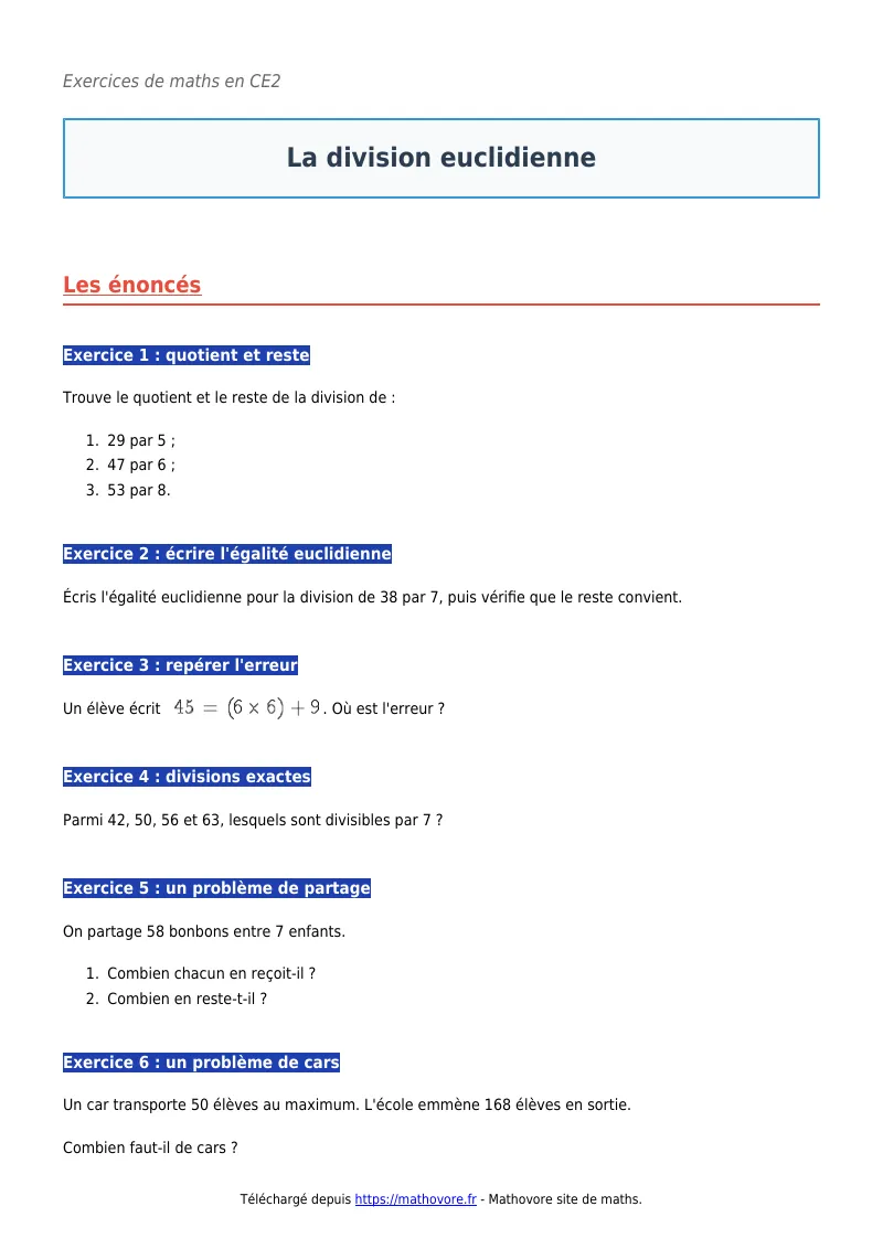 Exercices corrigés de maths en CE2 : La division euclidienne à imprimer en PDF