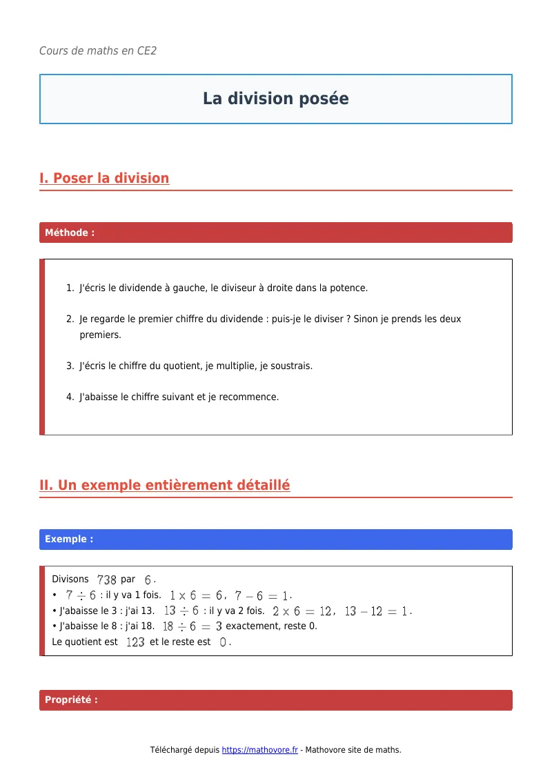 Cours de maths en CE2 : La division posée à télécharger en PDF