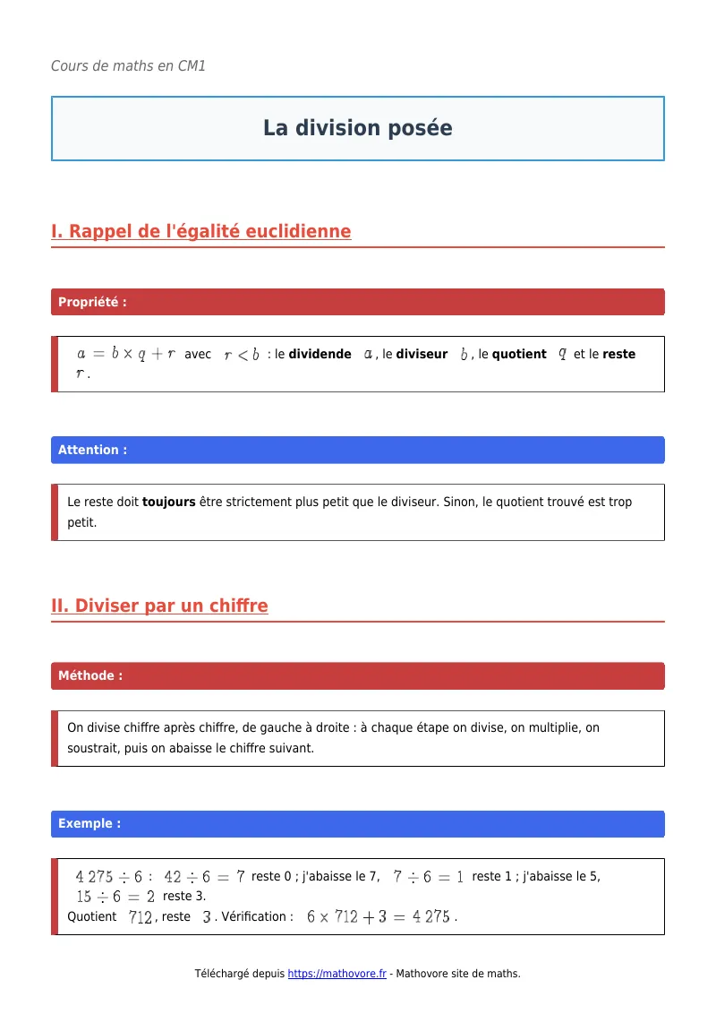 Cours de maths en CM1 : La division posée à télécharger en PDF