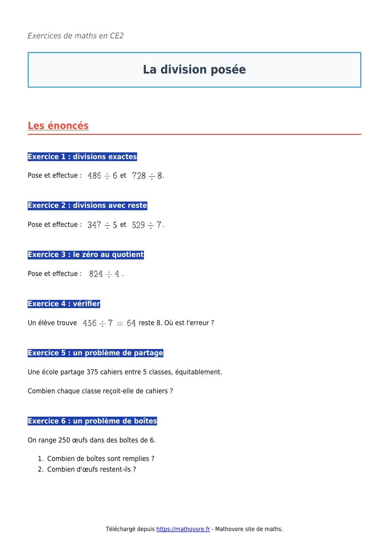 Exercices corrigés de maths en CE2 : La division posée à imprimer en PDF