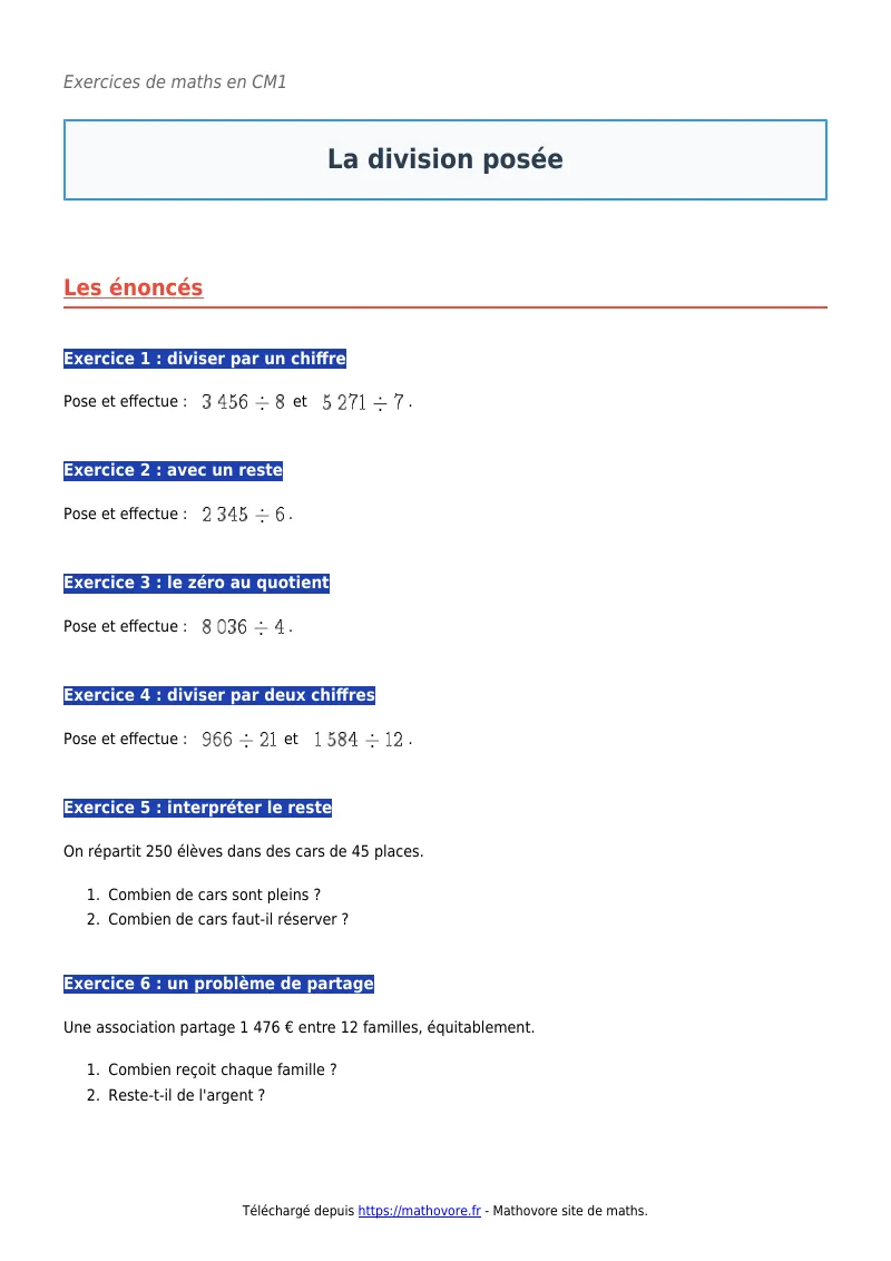Exercices corrigés de maths en CM1 : La division posée à imprimer en PDF