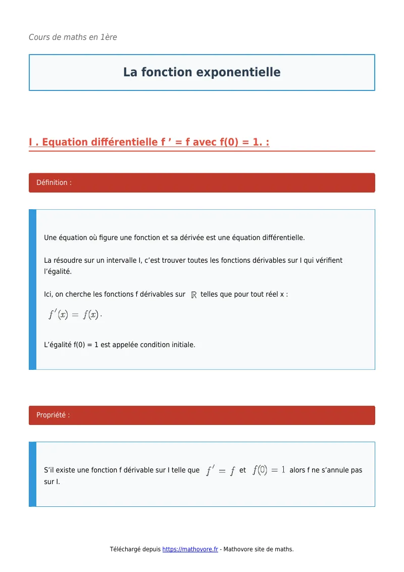 Cours de maths en première : La fonction exponentielle à télécharger en PDF