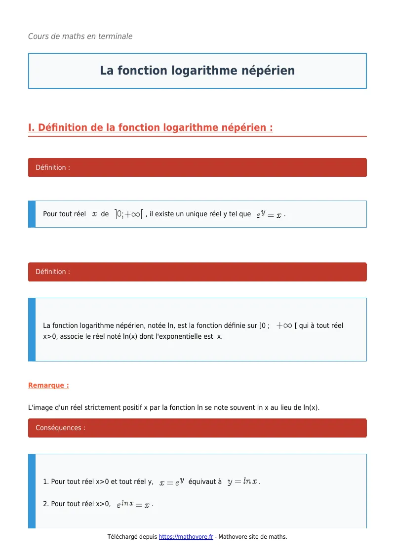 Cours de maths en terminale : La fonction logarithme népérien à télécharger en PDF