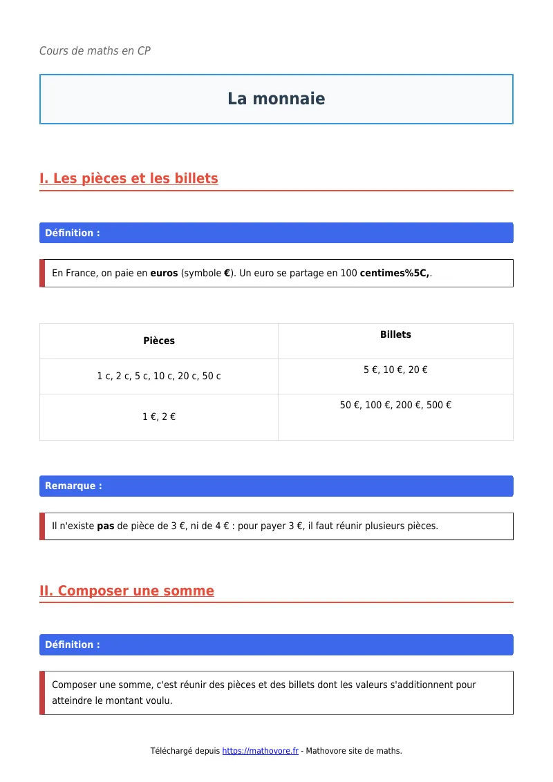Cours de maths en CP : La monnaie à télécharger en PDF