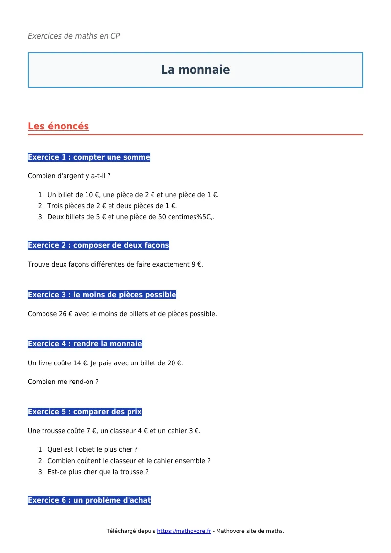 Exercices corrigés de maths en CP : La monnaie à imprimer en PDF