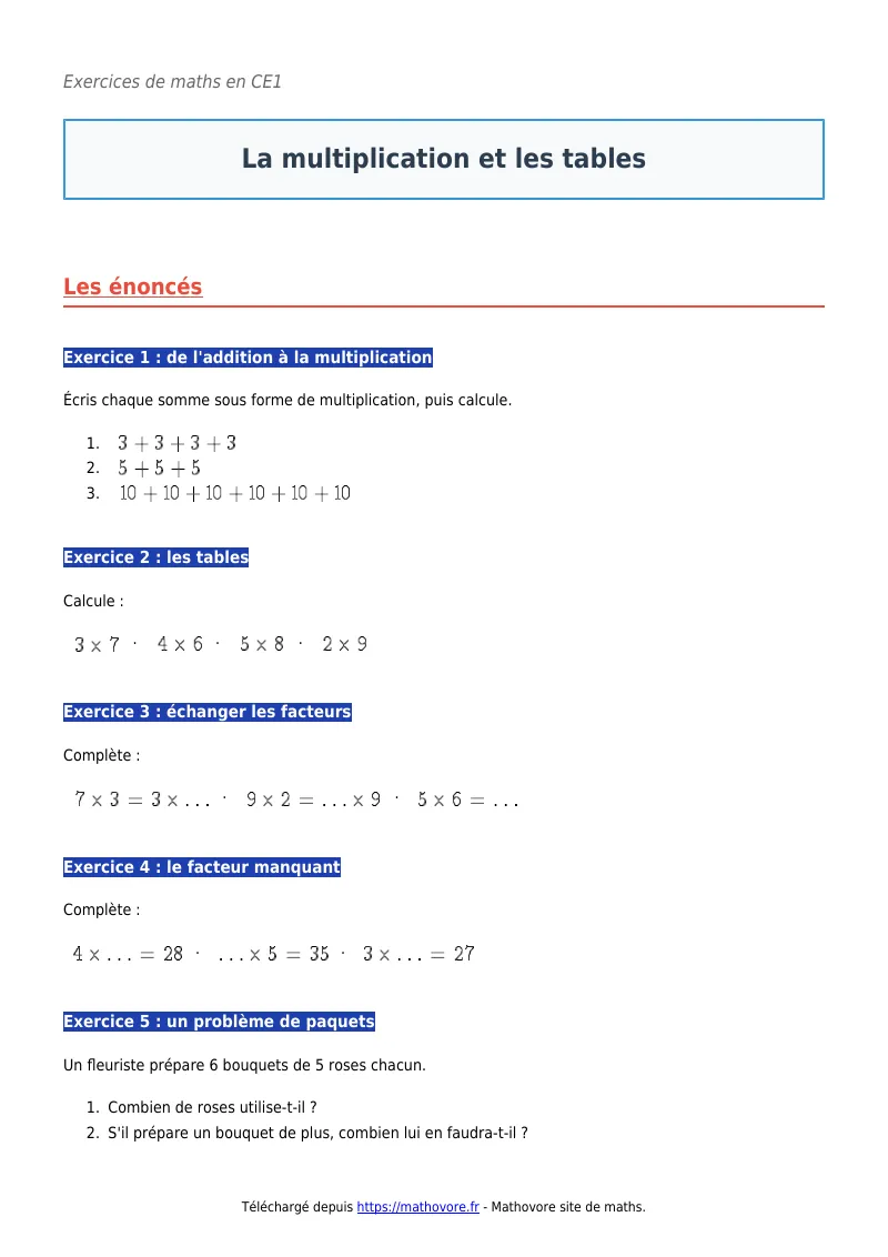 Exercices corrigés de maths en CE1 : La multiplication et les tables à imprimer en PDF