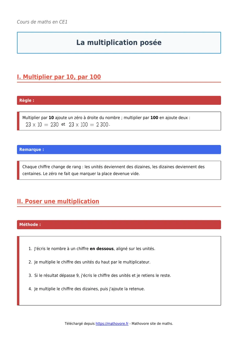 Cours de maths en CE1 : La multiplication posée à télécharger en PDF