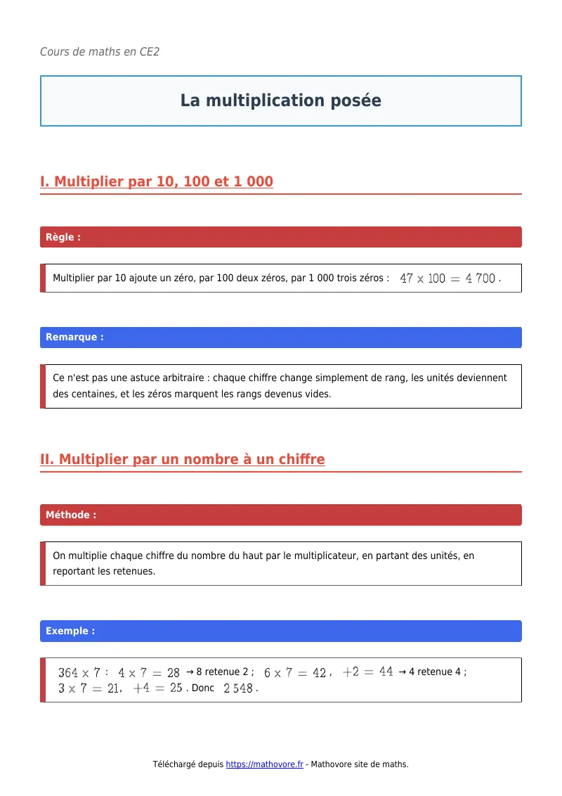 Cours de maths en CE2 : La multiplication posée à télécharger en PDF