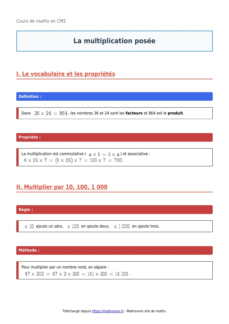 Cours de maths en CM1 : La multiplication posée à télécharger en PDF