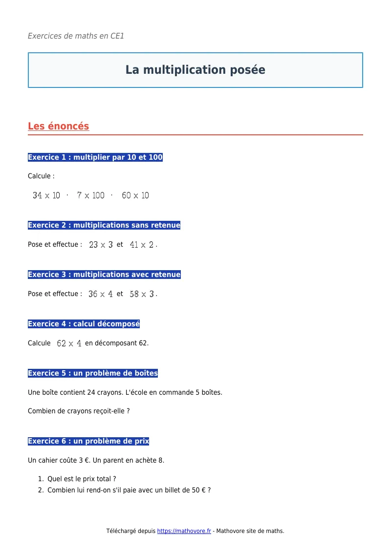 Exercices corrigés de maths en CE1 : La multiplication posée à imprimer en PDF