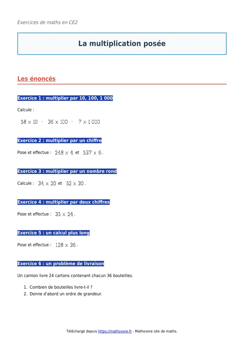 Exercices corrigés de maths en CE2 : La multiplication posée à imprimer en PDF