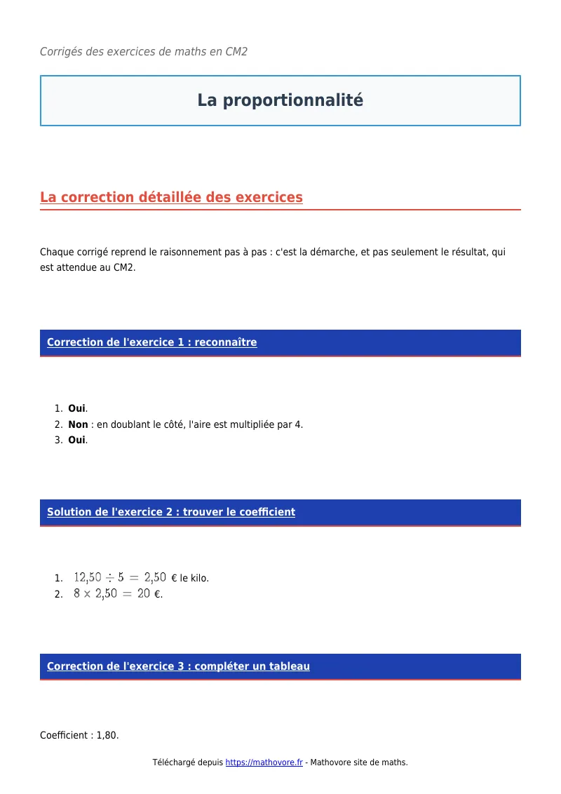 Exercices corrigés de maths en CM2 : La proportionnalité à imprimer en PDF