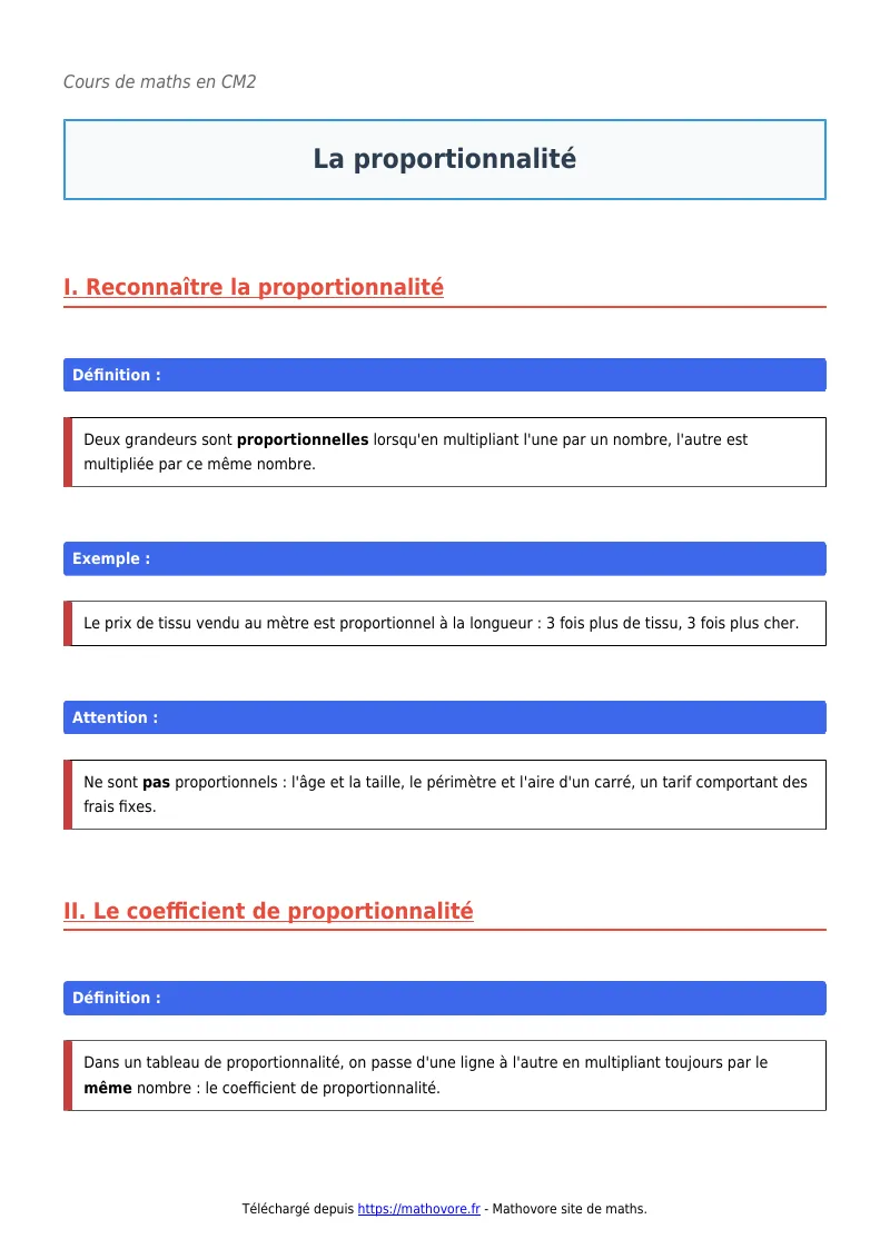 Cours de maths en CM2 : La proportionnalité à télécharger en PDF