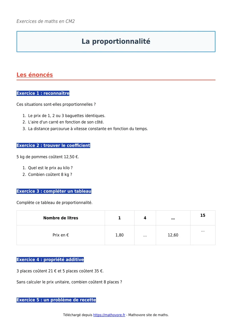 Exercices corrigés de maths en CM2 : La proportionnalité à imprimer en PDF