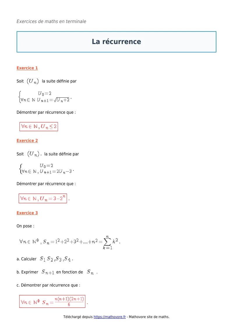 Exercices corrigés de maths en terminale : La récurrence à imprimer en PDF