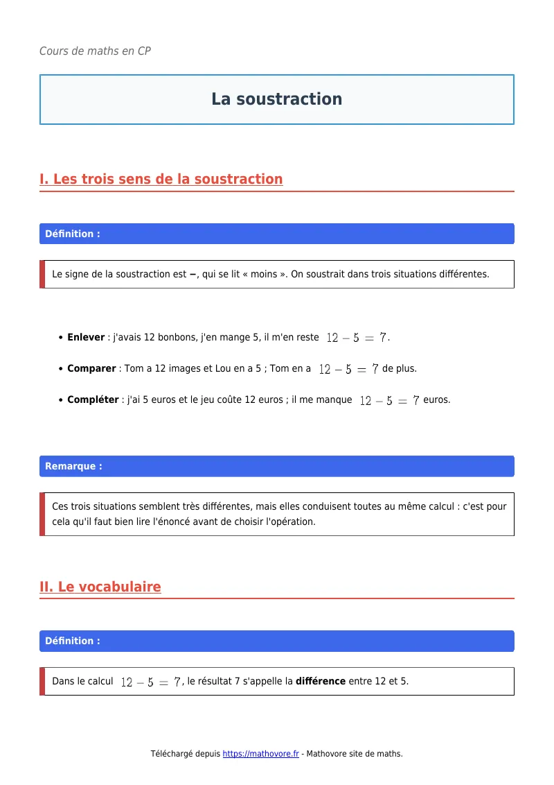 Cours de maths en CP : La soustraction à télécharger en PDF
