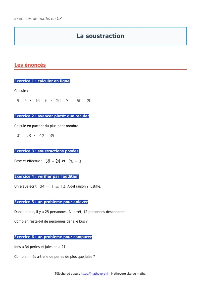 Exercices corrigés de maths en CP : La soustraction à imprimer en PDF