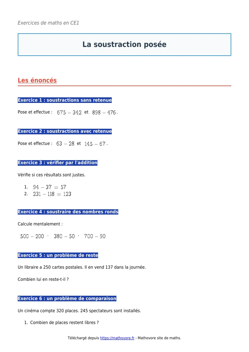 Exercices corrigés de maths en CE1 : La soustraction posée à imprimer en PDF