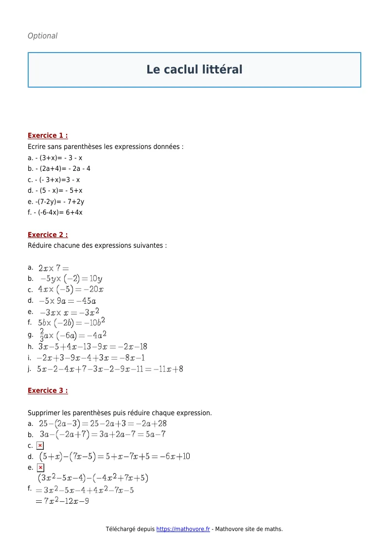 Exercices corrigés de maths en 4ème : Le caclul littéral à imprimer en PDF