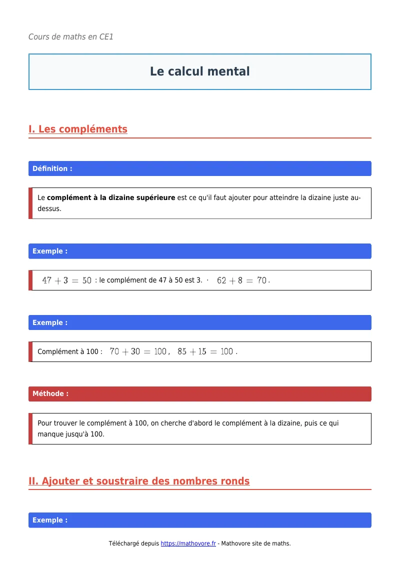 Cours de maths en CE1 : Le calcul mental à télécharger en PDF