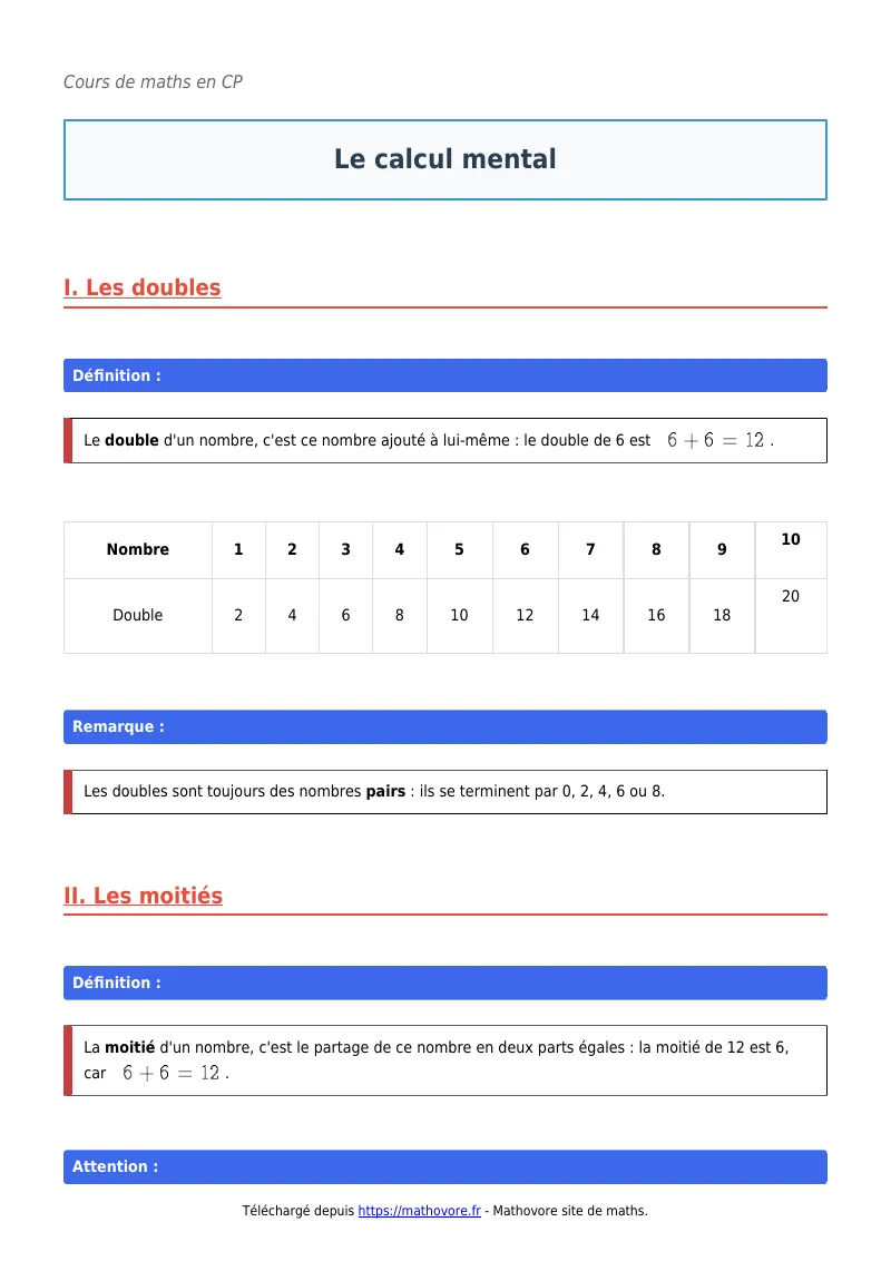Cours de maths en CP : Le calcul mental à télécharger en PDF