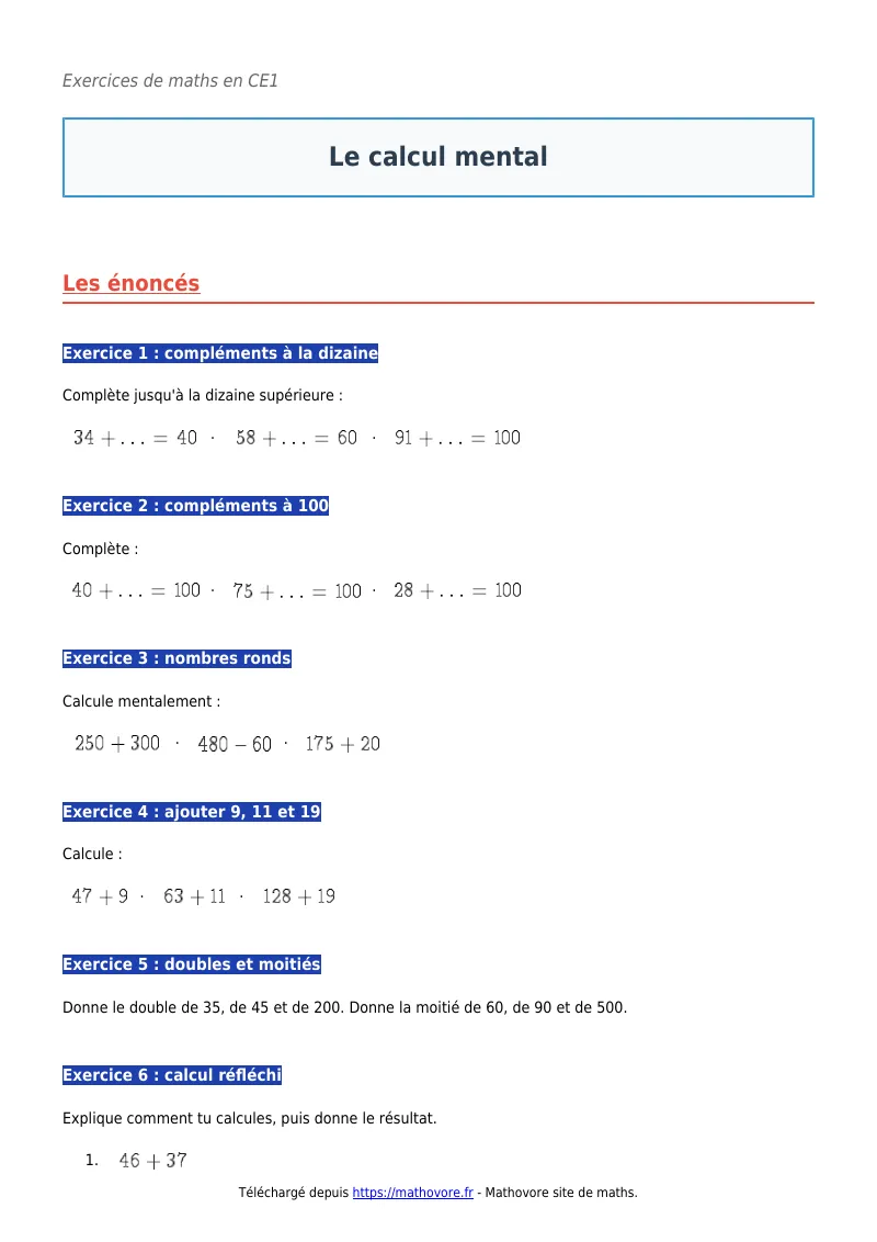 Exercices corrigés de maths en CE1 : Le calcul mental à imprimer en PDF