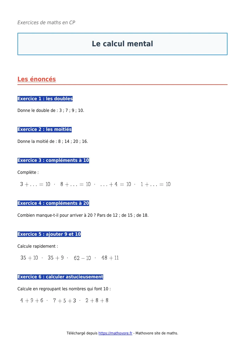 Exercices corrigés de maths en CP : Le calcul mental à imprimer en PDF