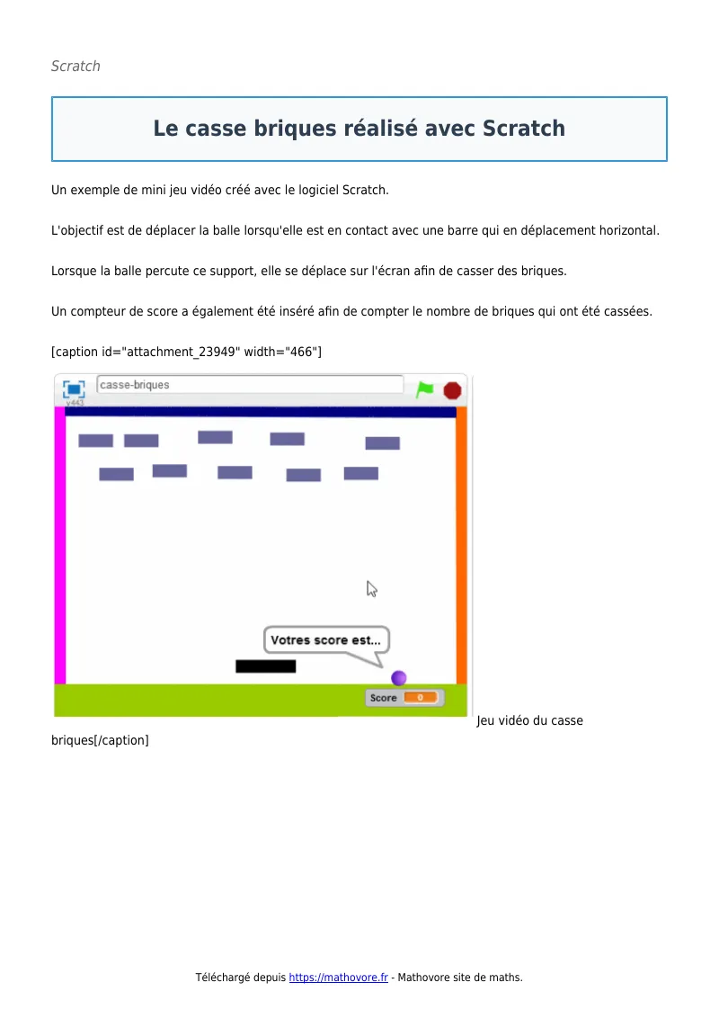 Le casse briques réalisé avec Scratch : fiche de maths à télécharger en PDF