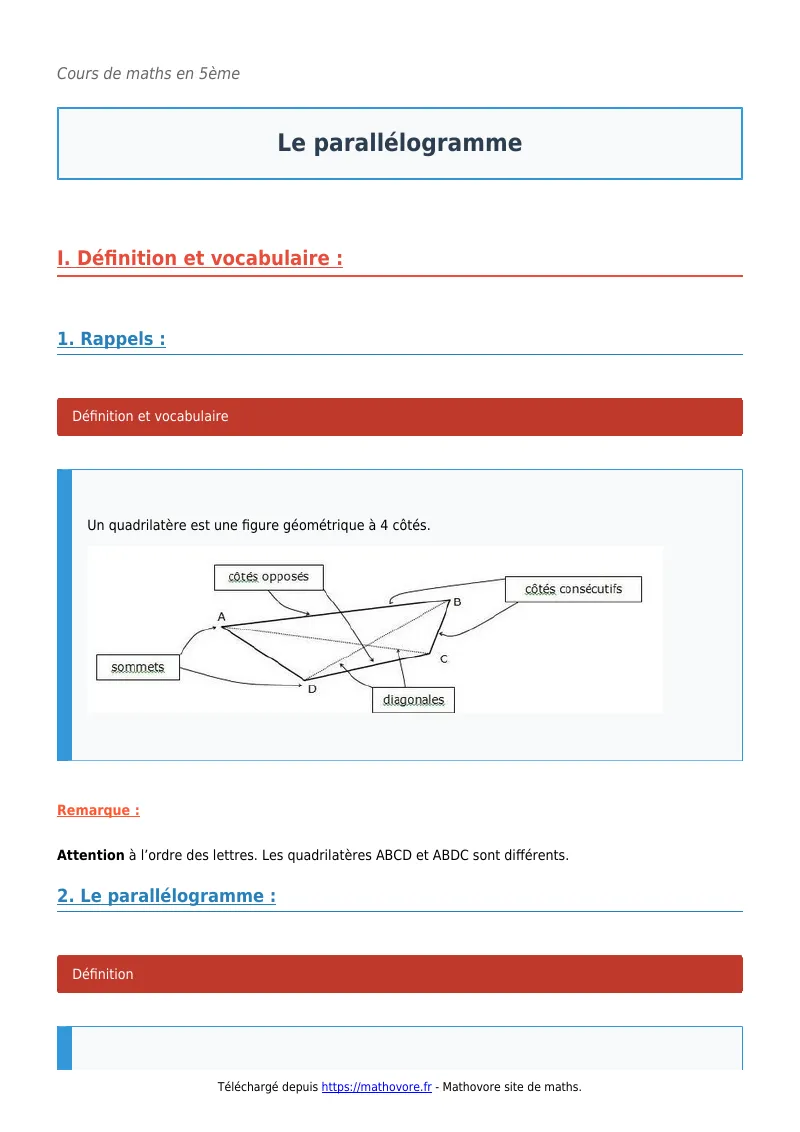 Cours de maths en 5ème : Le parallélogramme à télécharger en PDF