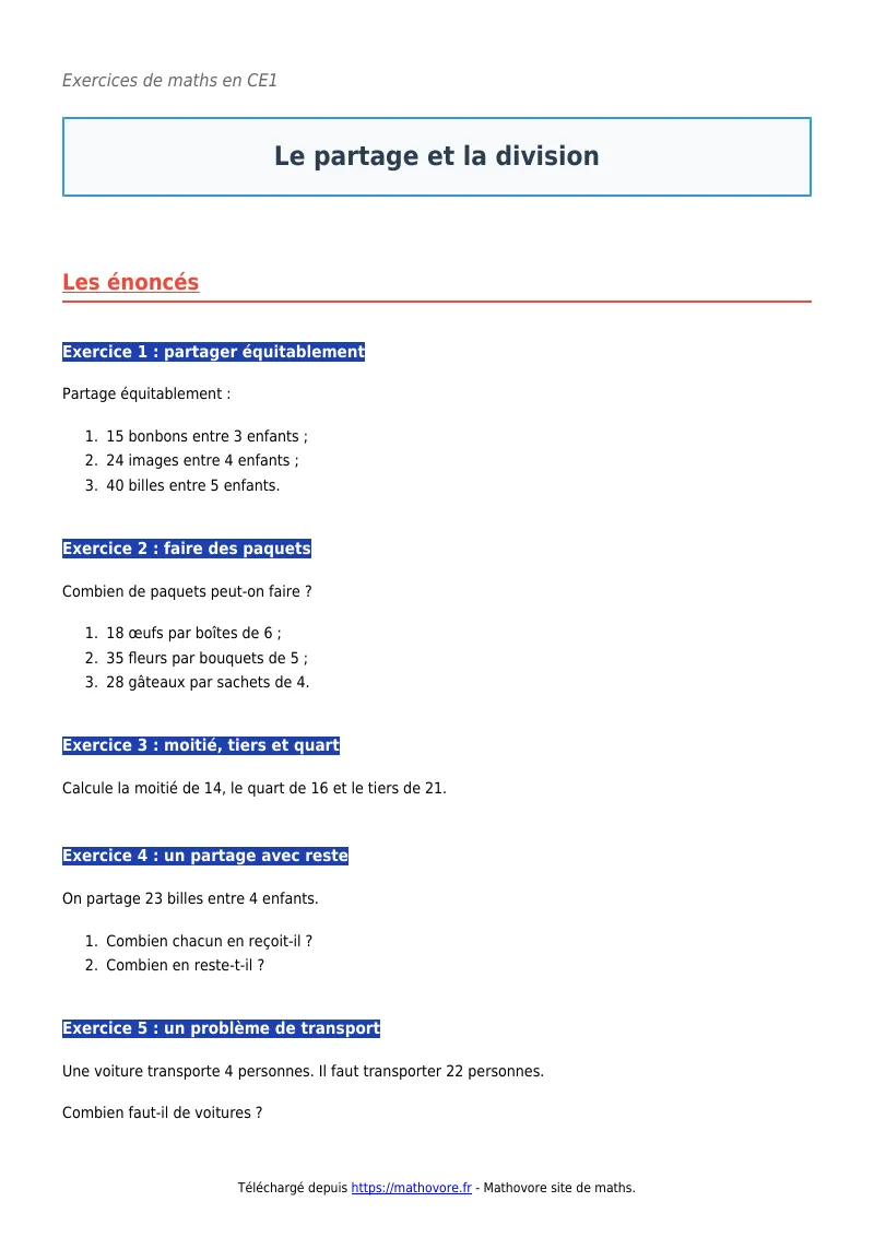 Exercices corrigés de maths en CE1 : Le partage et la division à imprimer en PDF