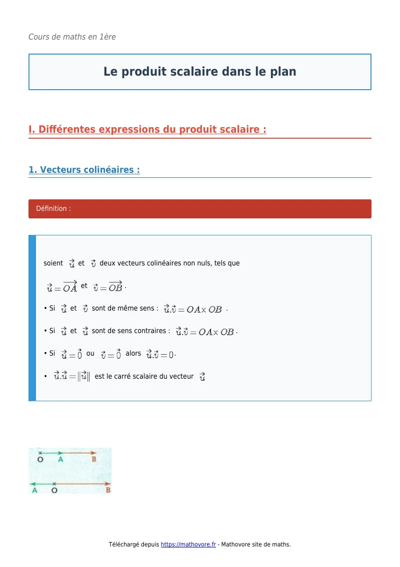 Cours de maths en première : Le produit scalaire dans le plan à télécharger en PDF